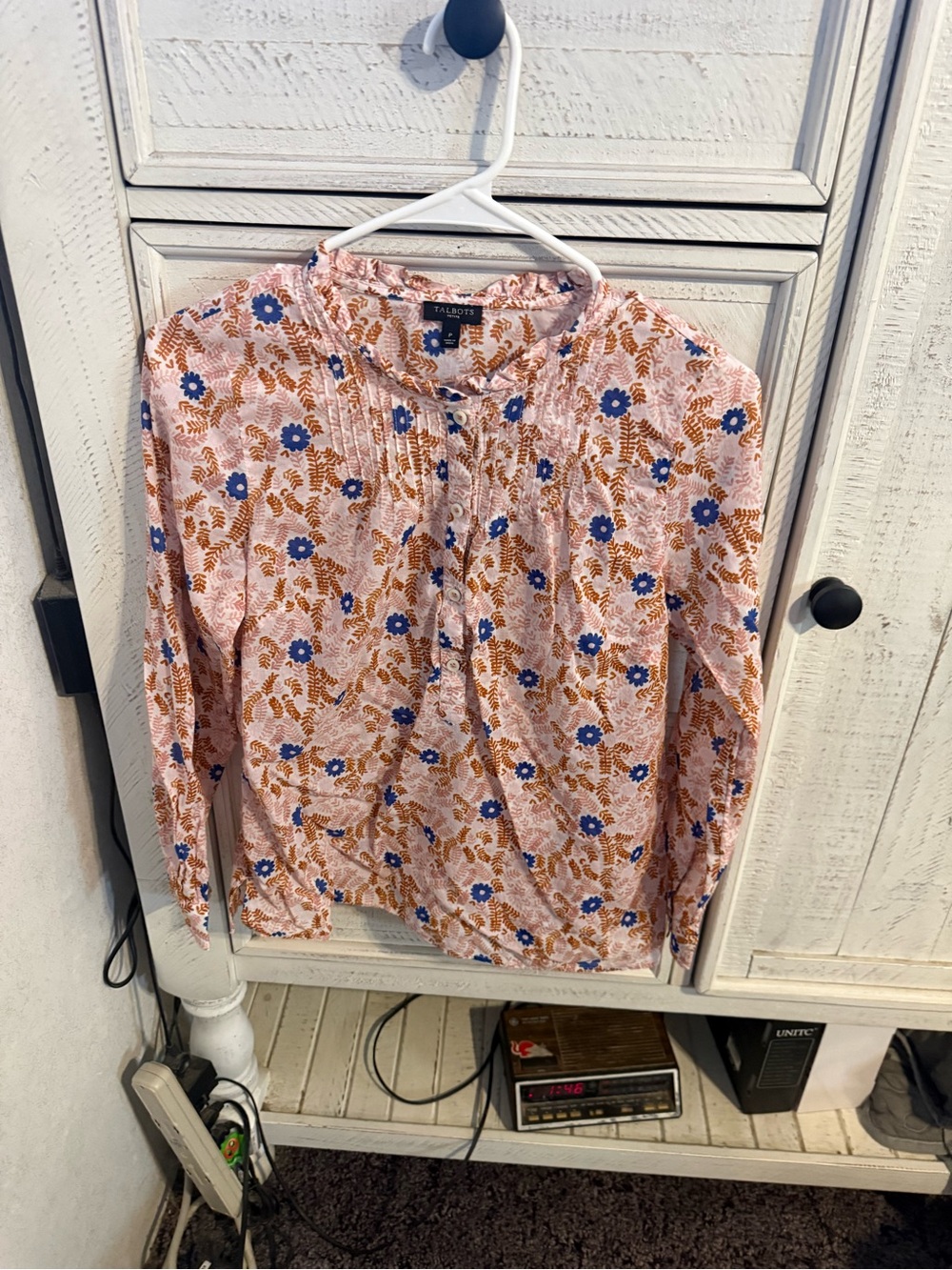 Talbots Pink Floral Pintuck Front Blouse with Blue Accents